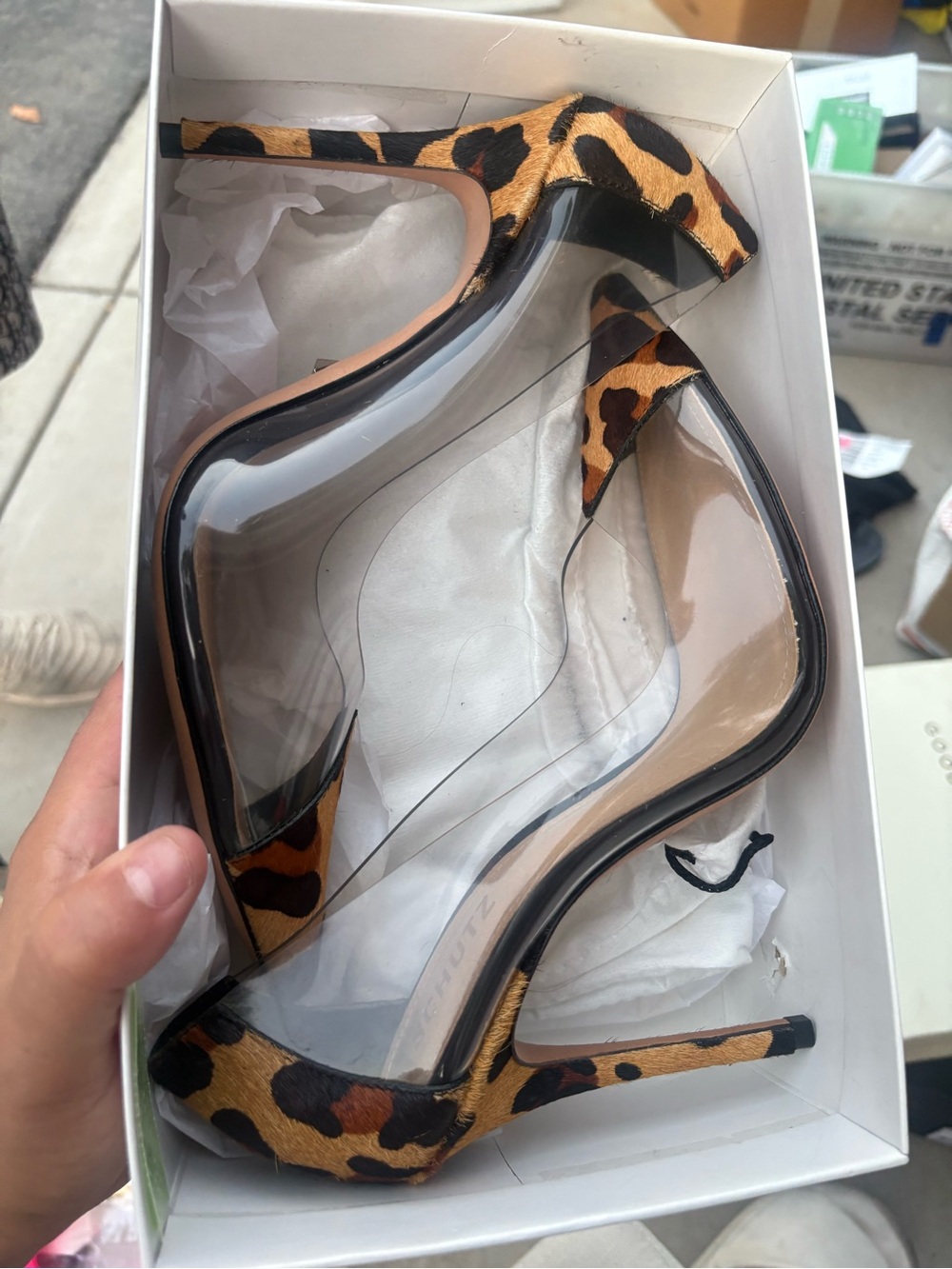 SCHUTZ Leopard-Print Pointed Toe Clear Panel animal hair heels - Picture 9 of 10